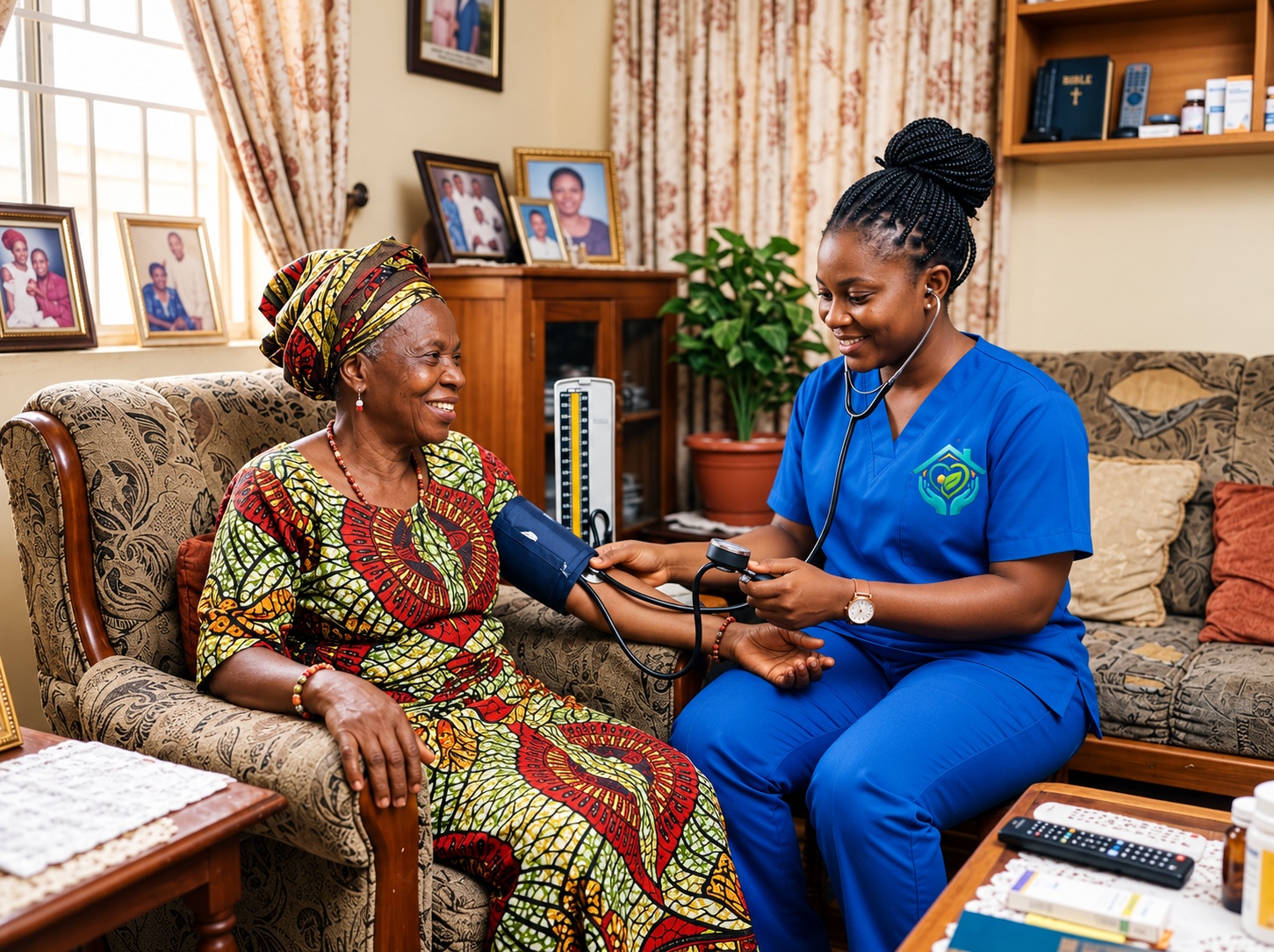 Black Nurse attending to older adult at home